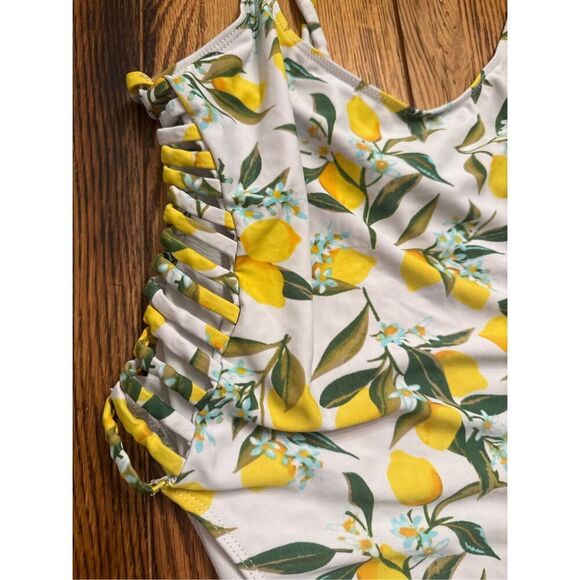 Revamped Yellow Green Lemon Print Cut-Out Caged Side One Piece Swimsuit Medium - Picture 4 of 4